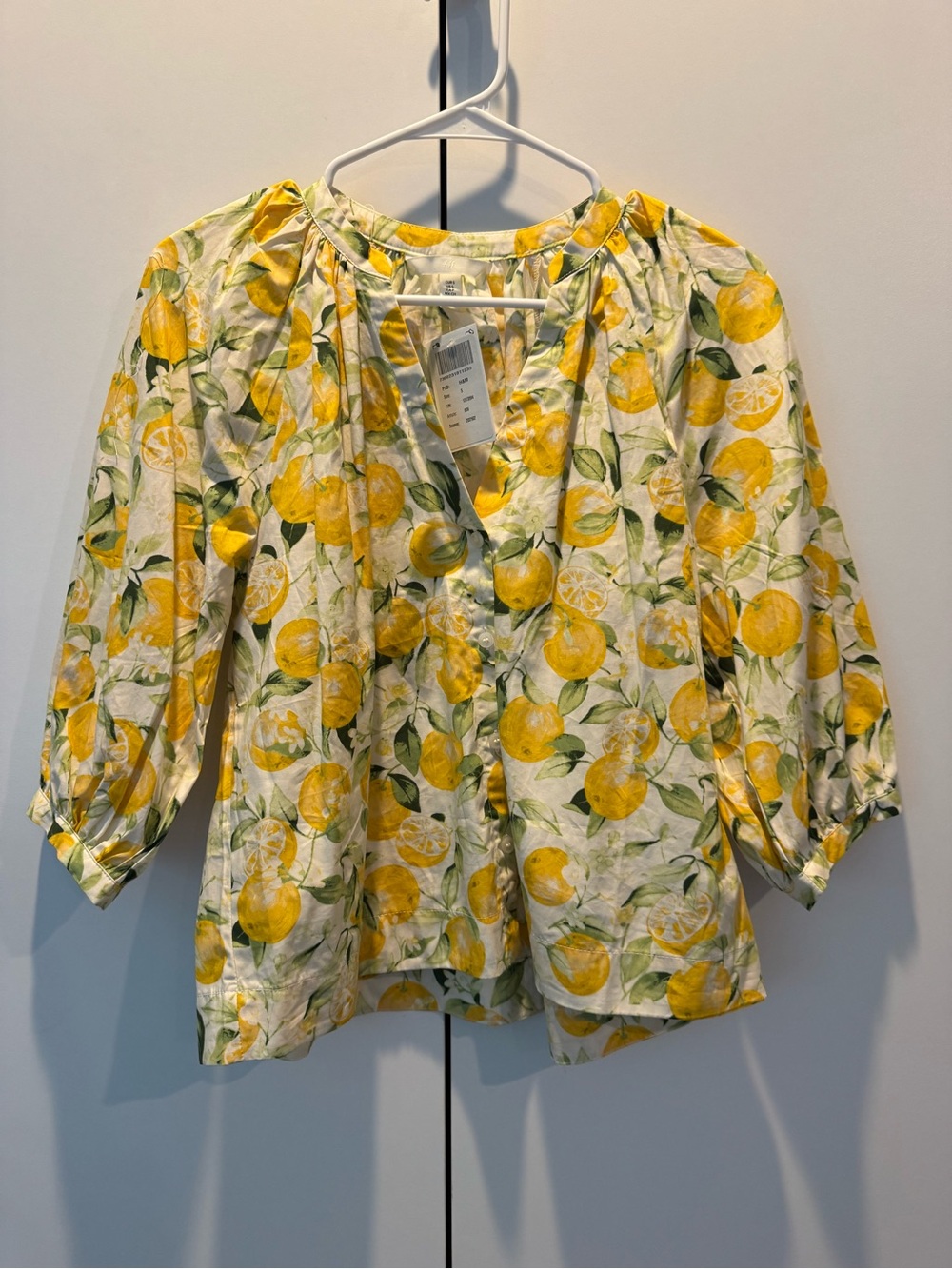 H&M Yellow Lemon-Print Peasant Blouse